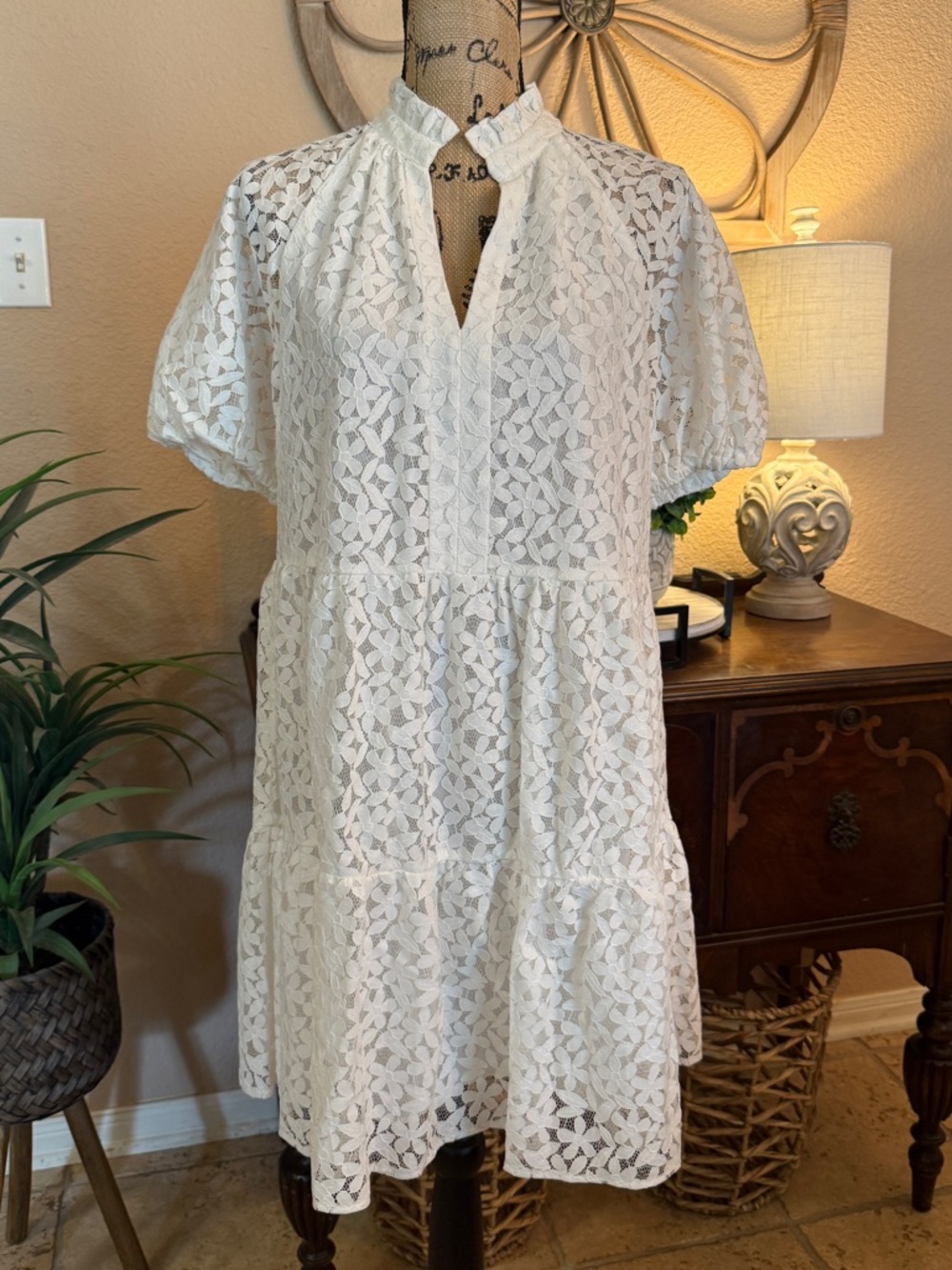 New CeCe White Lace Tiered Dress with Ruffle Neck